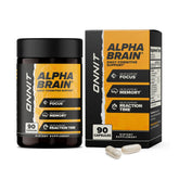 ONNIT Alpha Brain frontal mostrando el frasco y beneficio de enfoque sostenido