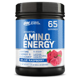 Optimum Nutrition frente del envase mostrando el sabor blue raspberry y beneficios