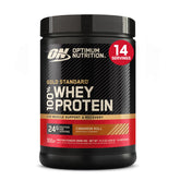 Optimum Nutrition bote frontal mostrando diseño y sabor Cinnamon Roll
