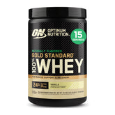 Optimum Nutrition vista frontal del envase mostrando marca y sabor, confianza instantánea