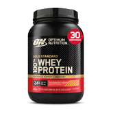 Optimum Nutrition envase frontal mostrando marca y sabor Strawberry Banana para confianza inmediata