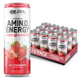 Optimum Nutrition lata frente mostrando sabor fresa y energía instantánea