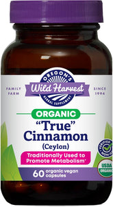 Oregon's Wild Harvest frasco frontal de canela Ceylán orgánica mostrando diseño y cantidad