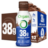 Orgain botella frente Chocolate Fudge mostrando envase y practicidad