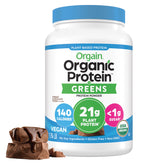 Orgain envase frontal mostrando sabor crema chocolate fudge y beneficios nutricionales