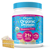 Orgain envase frontal Birthday Cake mostrando información nutricional y atractivo visual