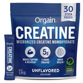 Orgain envase frontal mostrando 30 sobres, práctico y portátil
