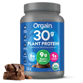 Orgain envase frontal chocolate mostrando la marca y beneficio nutricional