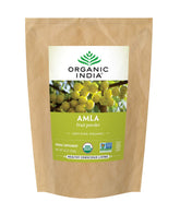 ORGANIC INDIA envase frontal de Amla Powder mostrando diseño y tamaño práctico