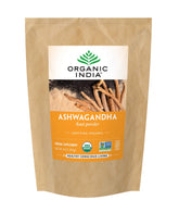 ORGANIC INDIA empaque frontal que muestra bolsa de 1 lb y beneficios