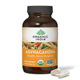 ORGANIC INDIA frasco frontal mostrando marca y cantidad, confianza orgánica