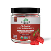ORGANIC INDIA frasco frontal con gomitas fresa mostrando envase y beneficio práctico
