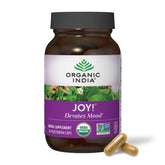 ORGANIC INDIA Joy frente del empaque mostrando 90 cápsulas y beneficios orgánicos