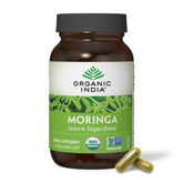 ORGANIC INDIA frasco frontal del producto muestra envase orgánico y limpio