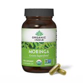 ORGANIC INDIA envase frontal de moringa mostrando beneficio de nutrientes