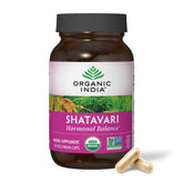 ORGANIC INDIA frasco frontal de Shatavari mostrando etiqueta y certificaciones, confianza orgánica