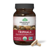 ORGANIC INDIA frasco Triphala vista frontal y beneficios de uso