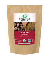 ORGANIC INDIA envase frontal de Triphala mostrando la marca y la bolsa