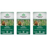 ORGANIC INDIA paquete frontal mostrando 18 bolsitas y certificaciones ecológicas