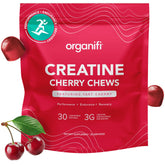 Organifi Creatine Chews vista frontal con envase, conveniencia diaria