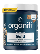 Organifi Gold frente del empaque mostrando marca y beneficios relajantes