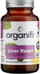 Organifi frasco frontal mostrando 30 cápsulas y apoyo hepático