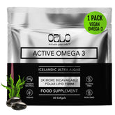Orlo envase frontal mostrando aceite de algas y cápsulas con claridad