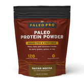 Paleo Pro envase frontal Mayan Mocha mostrando etiqueta y beneficio proteína limpia