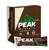 Peak Protein envase frontal del paquete de 12 barras mostrando etiqueta y beneficios