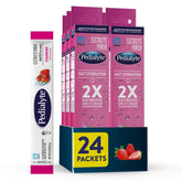 Pedialyte envase frontal mostrando 24 sobres y beneficio conveniencia