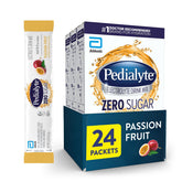 Pedialyte frente del empaque Passion Fruit mostrando sobres y beneficios prácticos