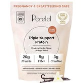 Perelel frontal del empaque mostrando sabor vainilla y beneficios