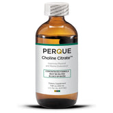 PERQUE frasco frontal del Choline Citrate mostrando la presentación líquida y beneficios de pureza