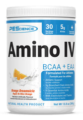 PEScience Amino IV frente del envase mostrando 30 porciones y beneficios