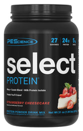 PEScience envase frontal Strawberry Cheesecake mostrando 27 raciones y beneficios