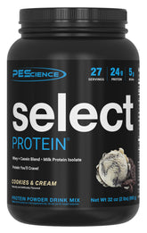 PEScience envase frontal del Select Protein sabor Cookies and Cream, fácil identificación y uso