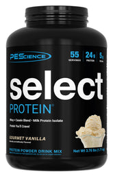 PEScience envase frontal de Select Protein mostrando sabor Gourmet Vanilla y tamaño