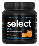PEScience Select Protein envase frontal mostrando sabor Snickerdoodle y beneficio de alto sabor