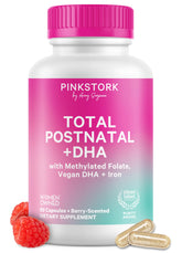 Pink Stork bote frontal con etiqueta berry para posparto, muestra claridad del producto