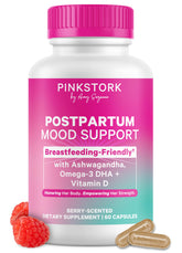 Pink Stork frasco frontal mostrando etiqueta clara y beneficios para mamá