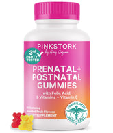 Pink Stork frente del empaque mostrando 60 gomitas y beneficio práctico