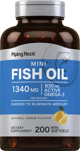 Piping Rock frente del envase mostrando 200 mini softgels y beneficios