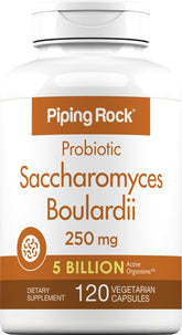 Piping Rock frasco frontal de Saccharomyces boulardii mostrando envase y beneficio de potencia