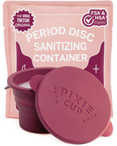 Pixie Cup esterilizador frontal mostrando su forma compacta y discreta para transporte