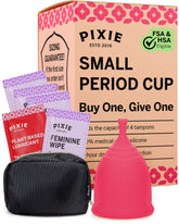 Pixie Cup vista frontal con empaque mostrando el producto y comodidad