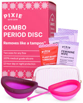 Pixie Cup frontal del pack mostrando ambos discos y beneficios reutilizables