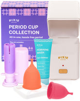 Pixie Cup caja frontal con todo el kit mostrando conveniencia y ahorro