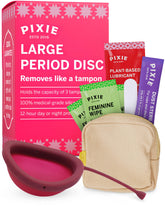 Pixie Cup empaque frontal que muestra disco menstrual y ventajas ecológicas