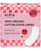 Pixie Cup frente del paquete mostrando 88 protectores y beneficios hipoalergénicos