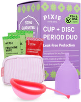 Pixie Cup frontal del paquete mostrando todo el kit y beneficios reutilizables